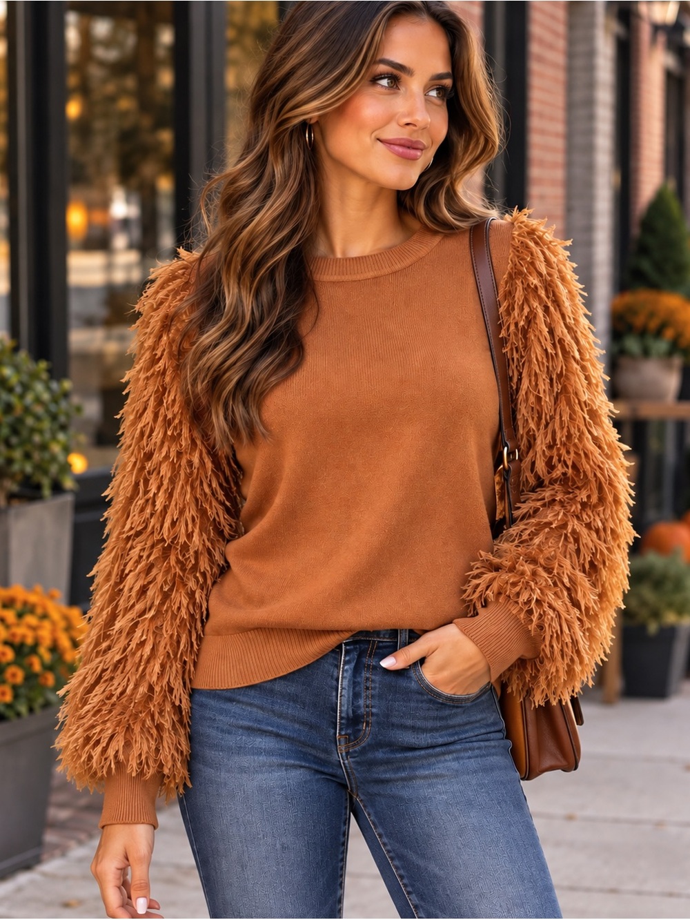 Sioni Milano Small Rust Shaggy Fringe Sleeve Statement Sweater